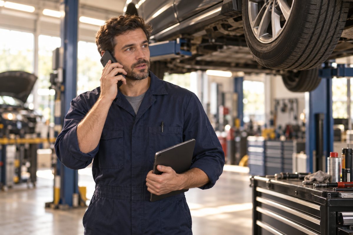 A mechanic taking a call beside a car on a lift