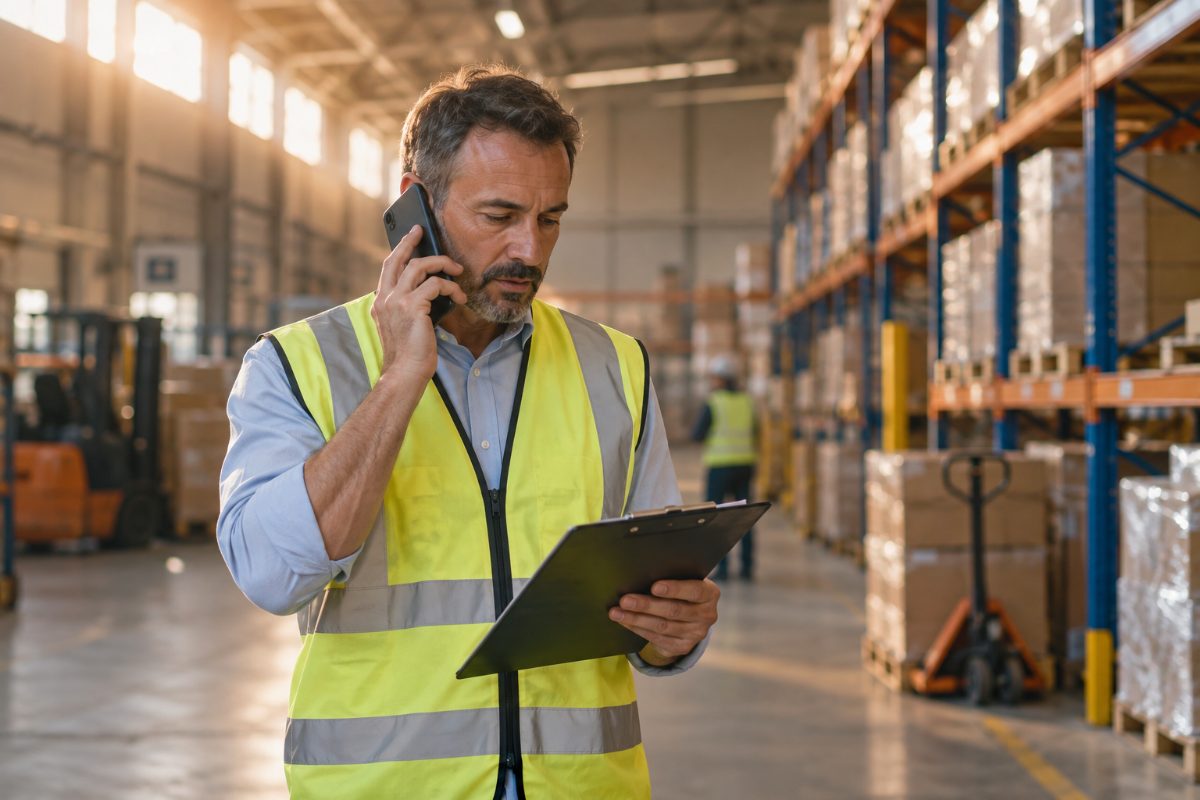 A warehouse supervisor taking a call beside racking