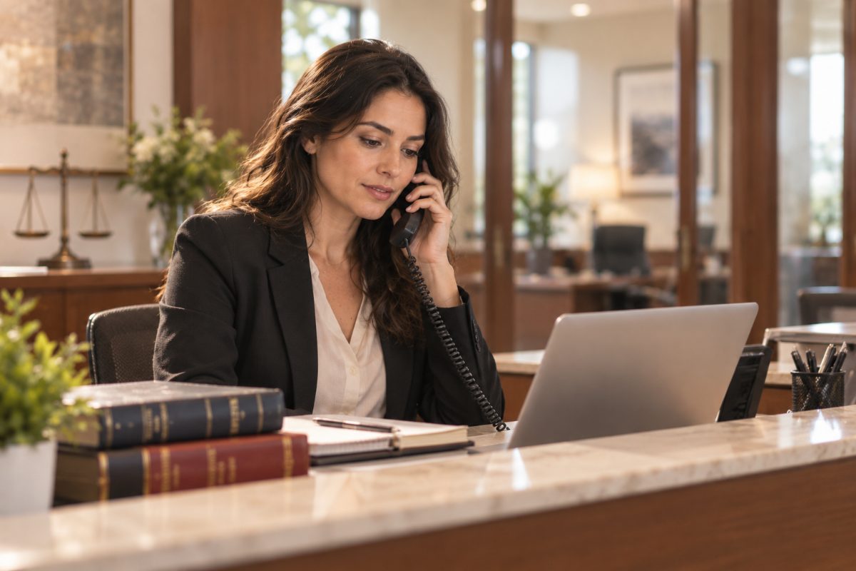 A law firm receptionist taking a call at the front desk
