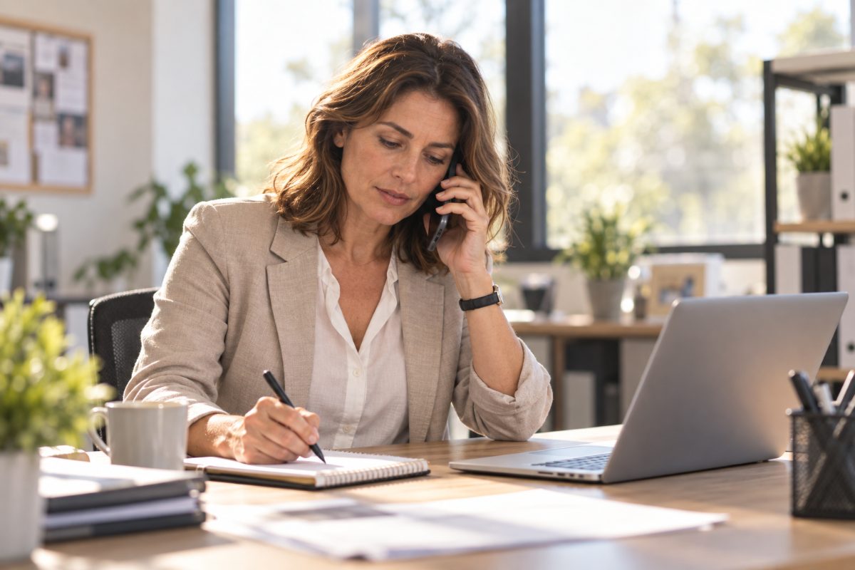A business owner taking a call at a desk