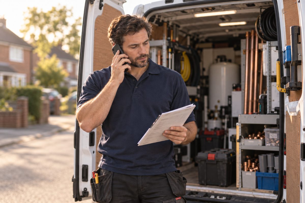 A field engineer taking a call at the back of a service van