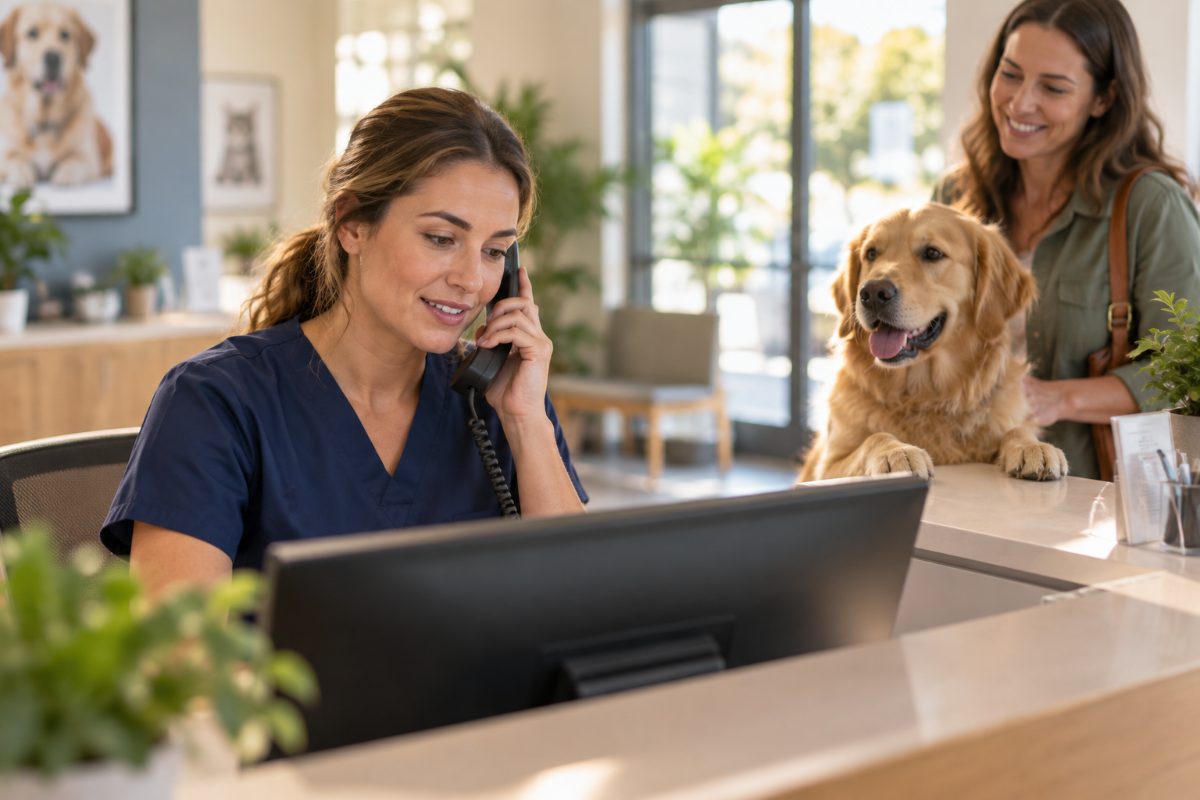 A veterinary receptionist on the phone at the clinic desk